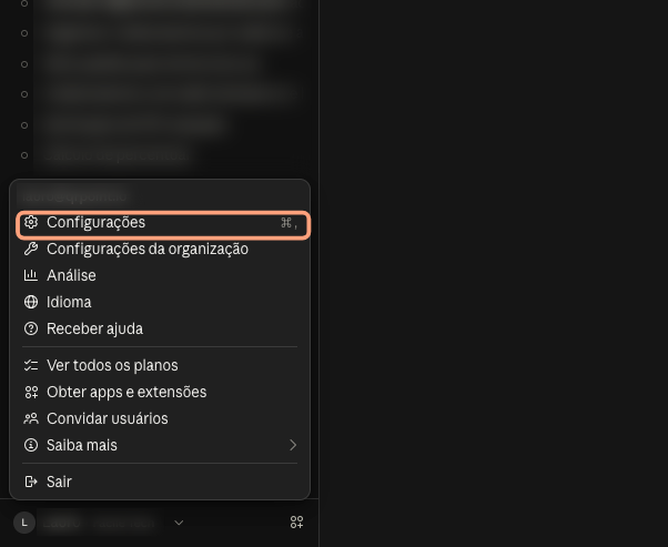 Menu da conta do Claude com a opção Configurações em destaque