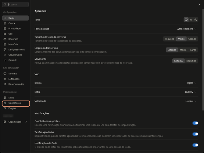 Configurações do Claude com o item Conectores em destaque