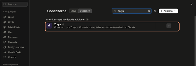 Busca por Zorya com o conector da Zorya em destaque