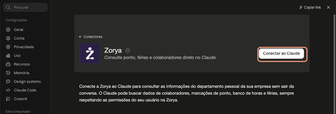 Página do conector da Zorya com o botão Conectar ao Claude em destaque