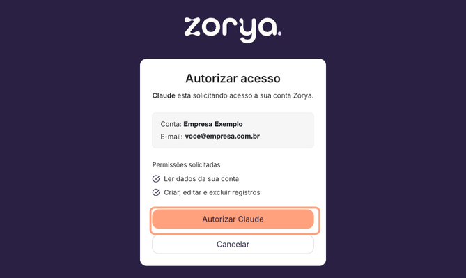 Tela Autorizar acesso da Zorya com o botão Autorizar Claude em destaque