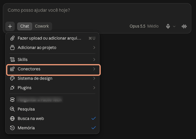 Menu do botão mais no campo de mensagem com o item Conectores em destaque