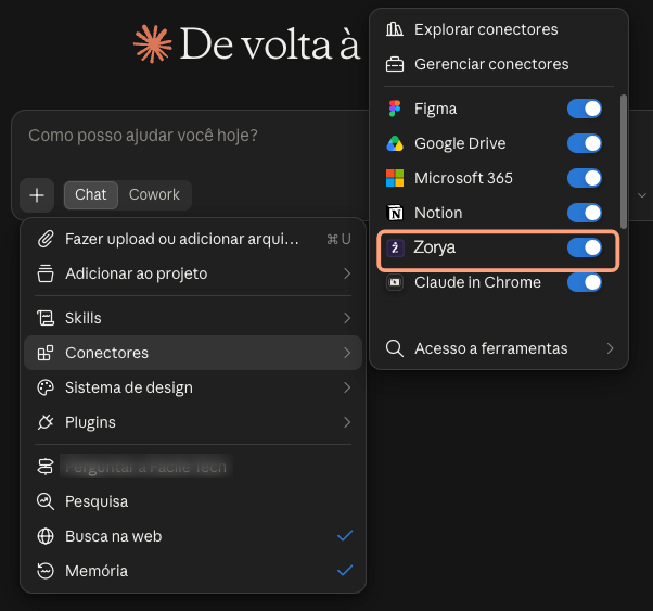 Lista de conectores da conversa com a Zorya ligada em destaque